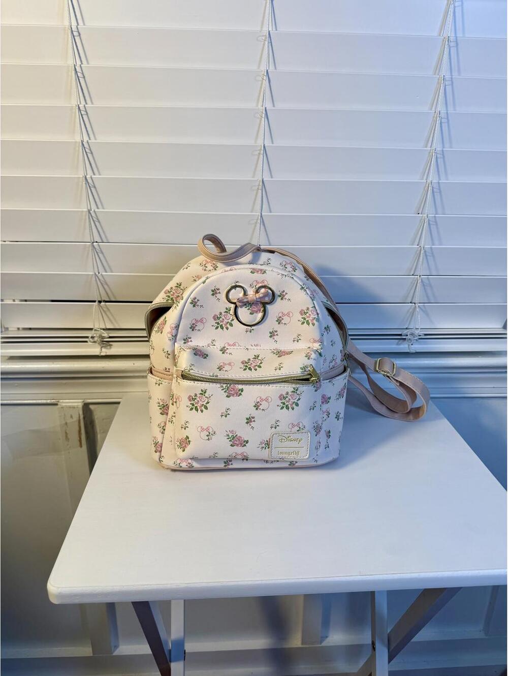 Loungefly Disney Minnie Mouse Floral Rose Mini Backpack Cream Pink - Picture 8 of 9
